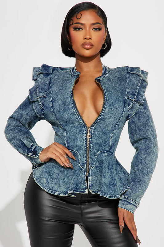 Peplum Jacket - Medium Blue Wash